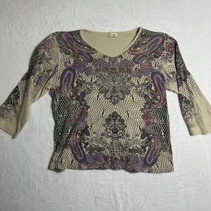 Cactus Women Tan Paisley Rhinestone Embellished V-Neck 3/4 Sleeve Top XL Boho
